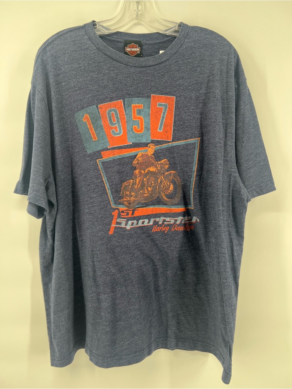 Harley-Davidson Blue Short Sleeve Tee with Orange 1957 Motorcycle Graphic